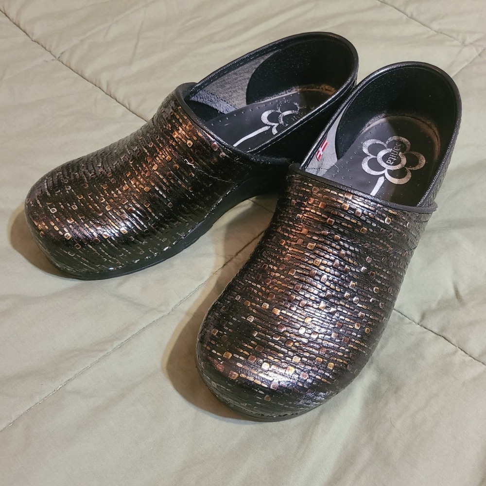Sanita Professional Clogs Bronze Black Metallic Cobble Leather Shoes Womens 40/9